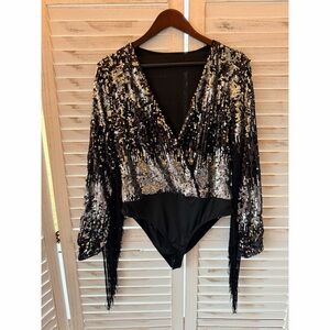 SHEIN | Bae Fringe Trim Sequin Bodysuit